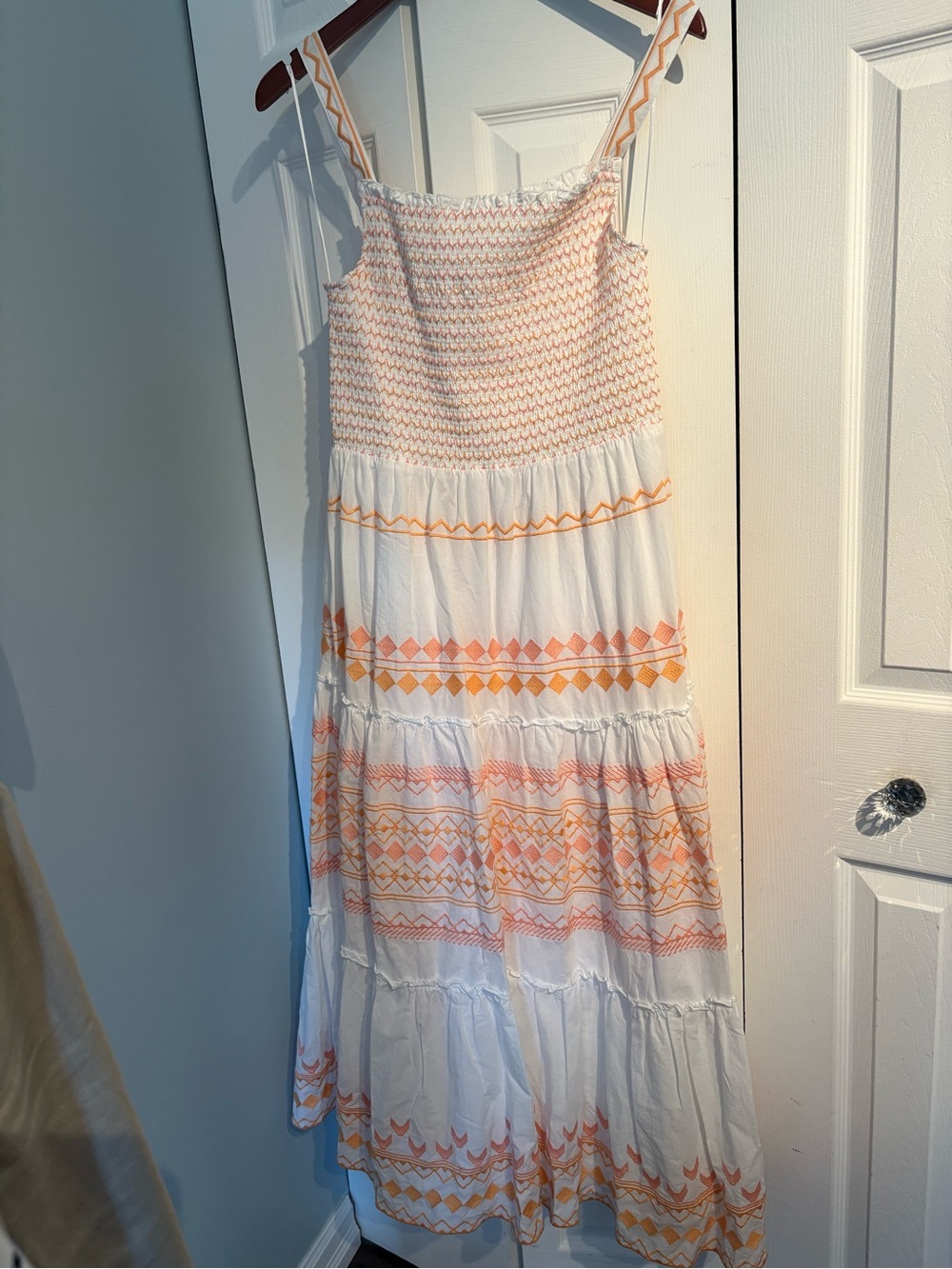 Women Zara White Maxi Dress with Orange Embroidered Pattern